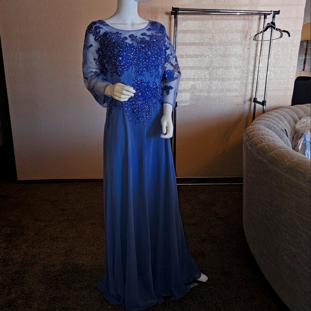 EVA USA DRESS formal long dress slate blue rhinestones XL NWT EV5164 wedding